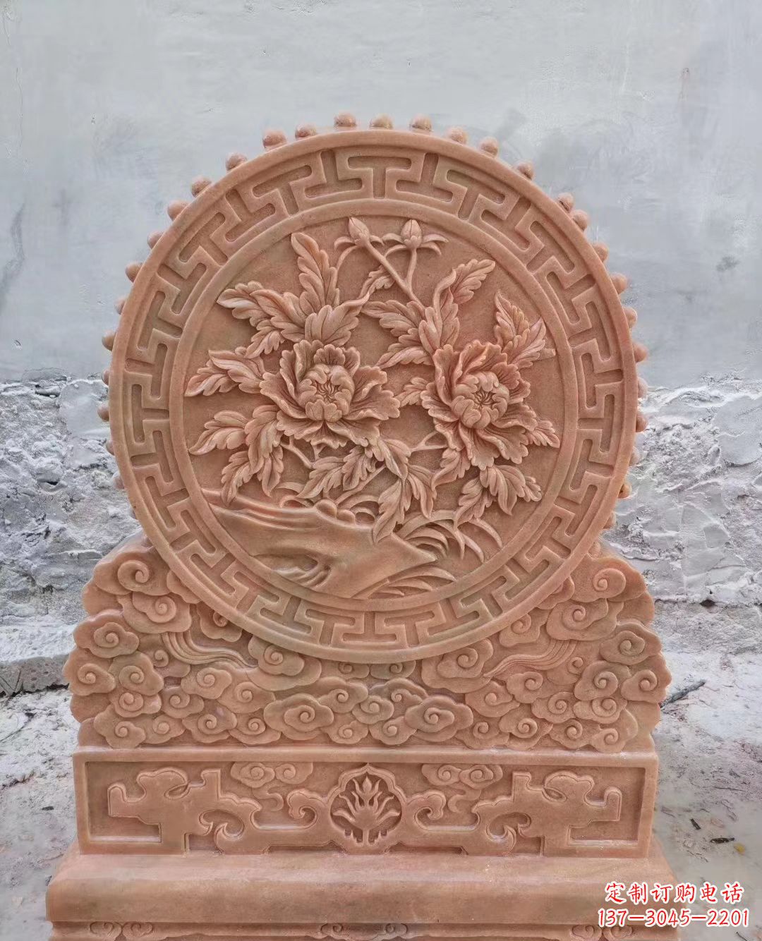 江西晚霞红牡丹花浮雕石门墩