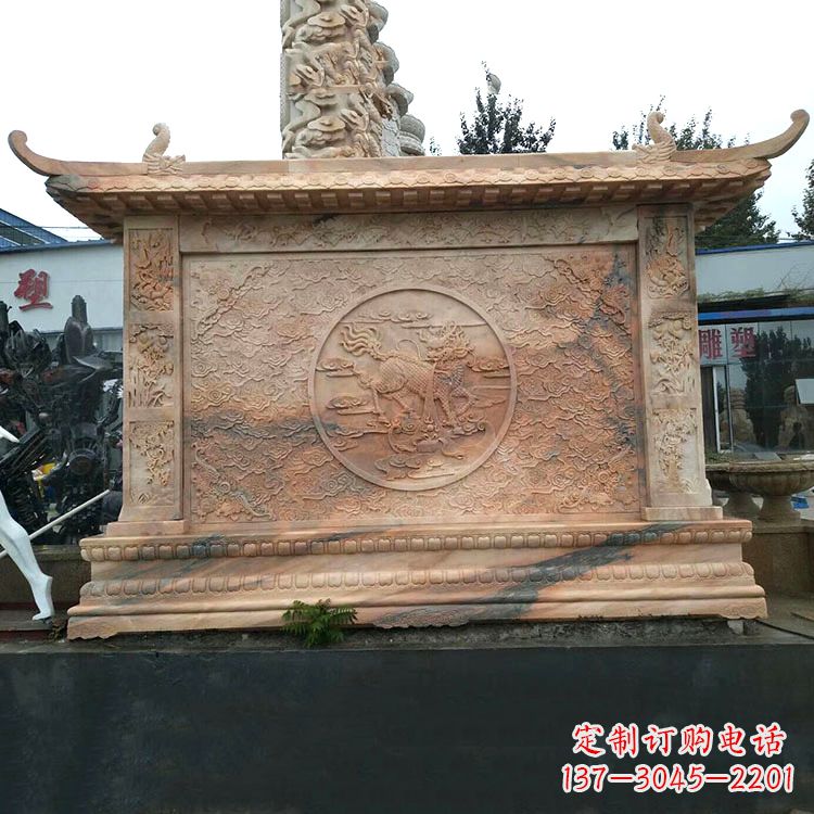 江西晚霞红麒麟影壁墙石雕