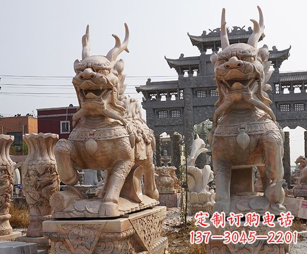 江西晚霞红瑞兽麒麟石雕 (2)
