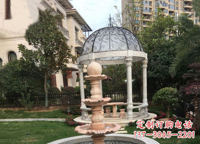 江西晚霞红三层风水球喷泉小区石雕
