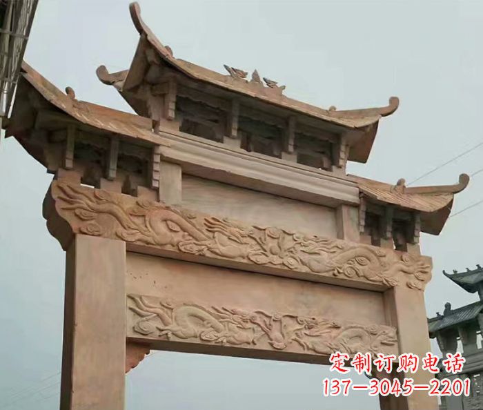 江西晚霞红石雕单门牌坊