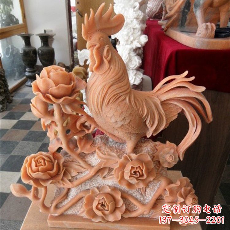 江西晚霞红石雕公鸡雕塑