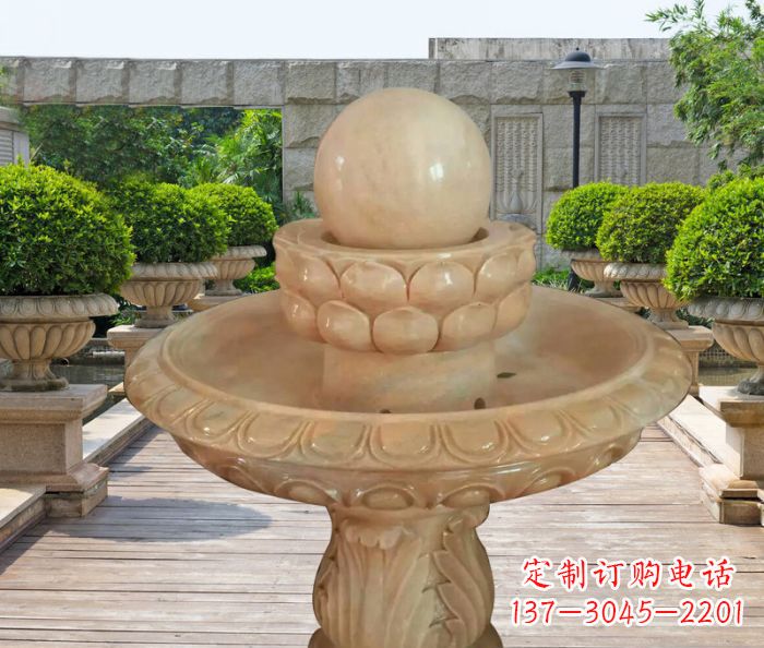 江西晚霞红双层风水球公园喷泉石雕 (2)