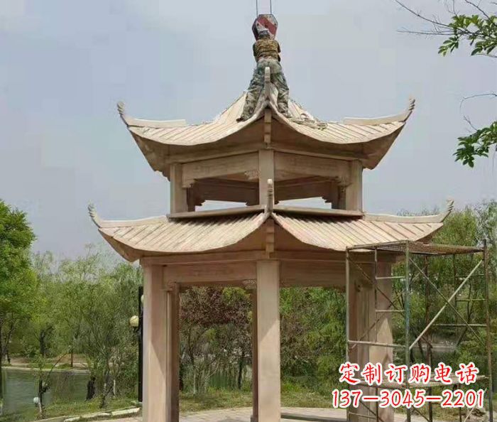 江西晚霞红双层凉亭石雕 (2)