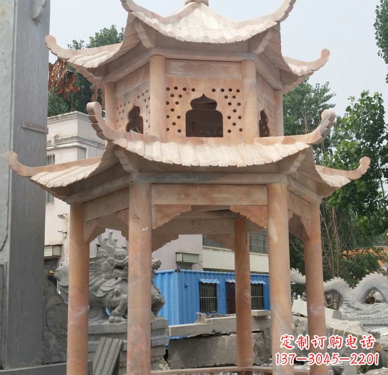 江西晚霞红双层六角凉亭石雕 (2)