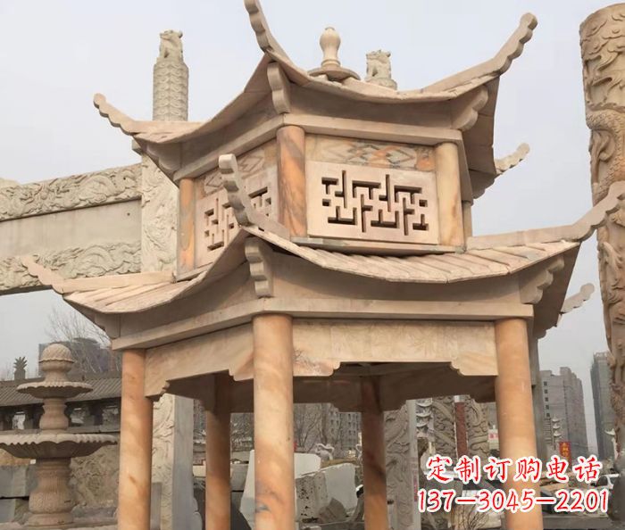 江西晚霞红双层石雕凉亭