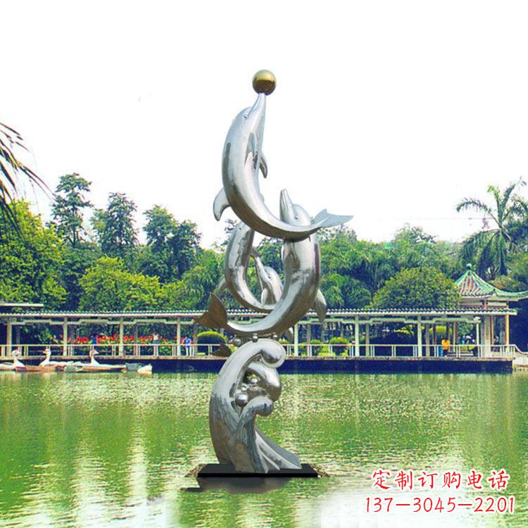 江西戏球不锈钢海豚雕塑-园林水景动物景观