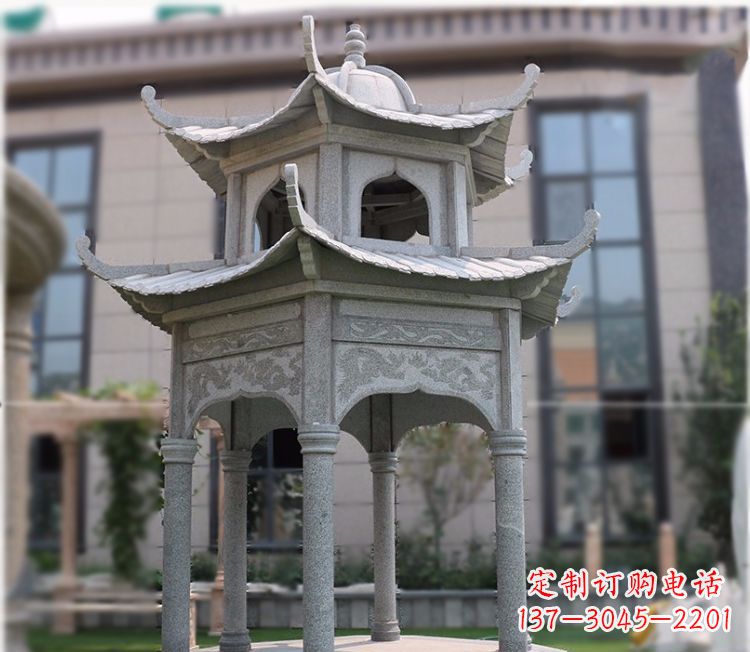 江西小区大理石六角石雕双层凉亭