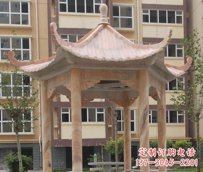 江西小区晚霞红六角凉亭石雕