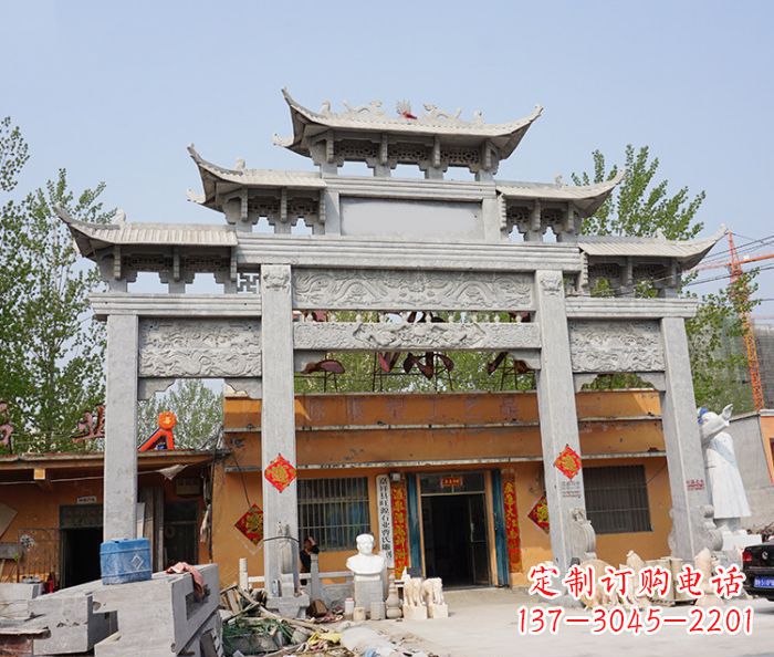 江西园林仿古三门牌坊石雕 (5)