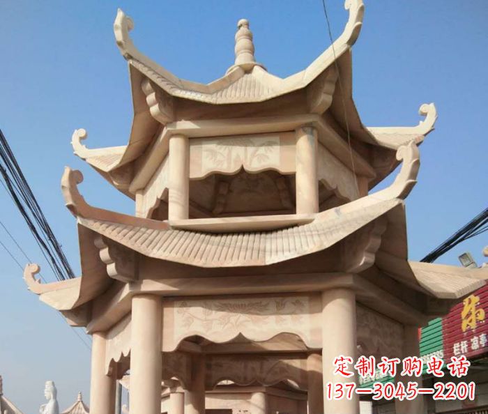 江西园林景观晚霞红双层石雕凉亭 (2)