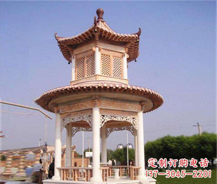 江西园林景观晚霞红双层石雕凉亭 (4)