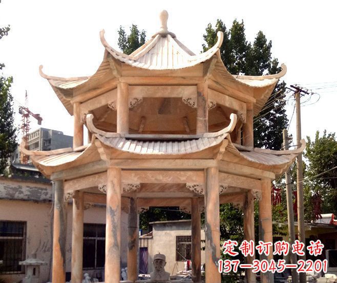 江西园林景观晚霞红双层石雕凉亭