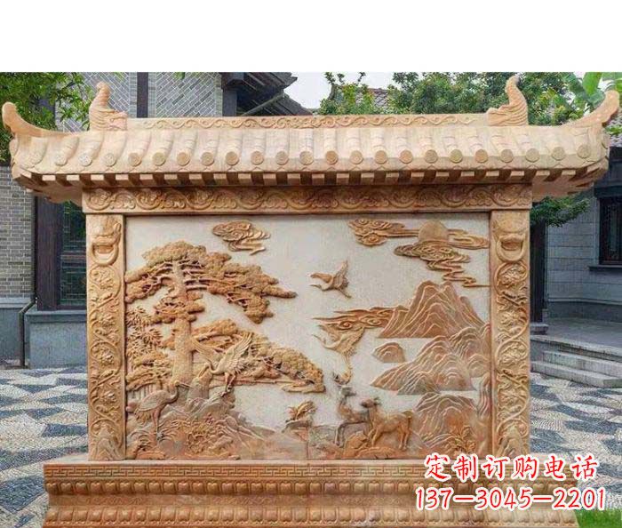 江西园林景观晚霞红松鹤石浮雕影壁