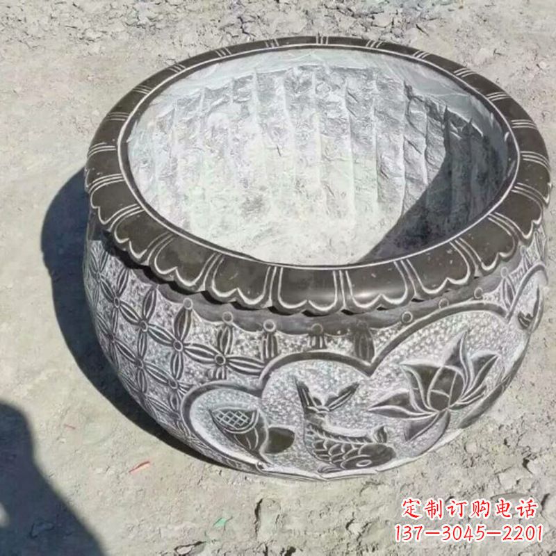 江西园林莲花鱼纹石雕水缸