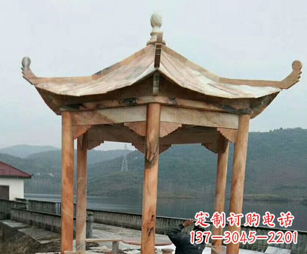 江西园林晚霞红单层石凉亭景观石雕