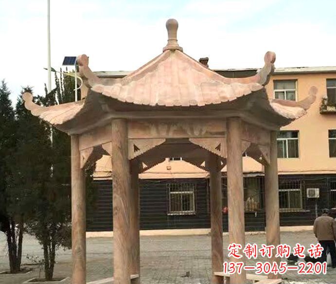 江西园林晚霞红六角石雕凉亭