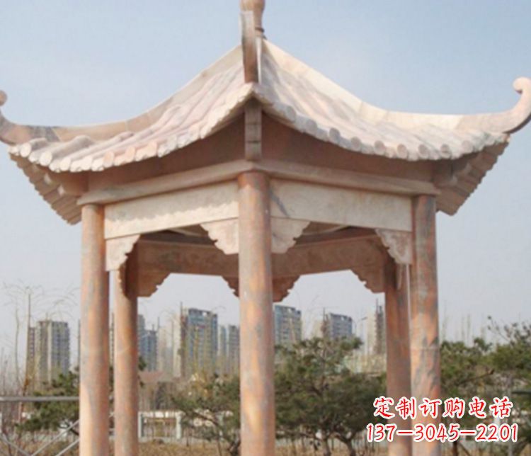 江西园林晚霞红六角石凉亭景观石雕