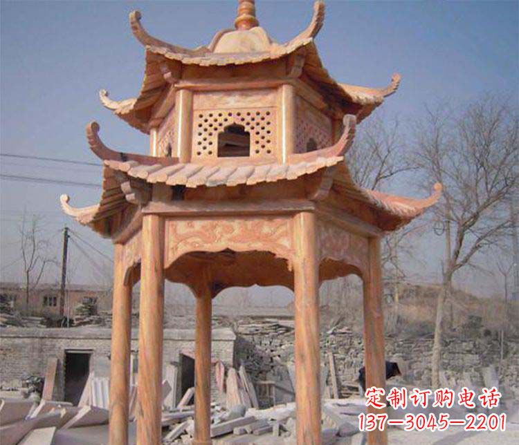 江西园林晚霞红石凉亭景观石雕