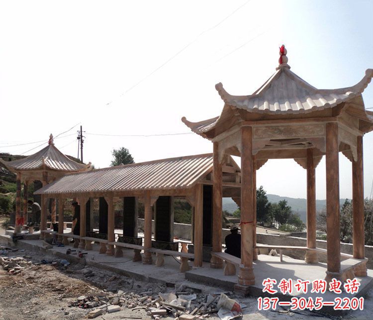江西园林晚霞红长廊凉亭景观石雕