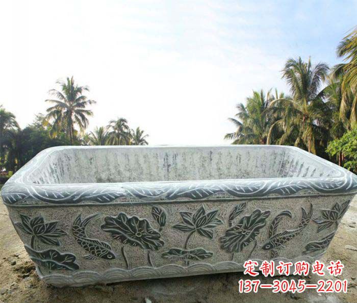江西长方形连年有余荷花浮雕石水缸