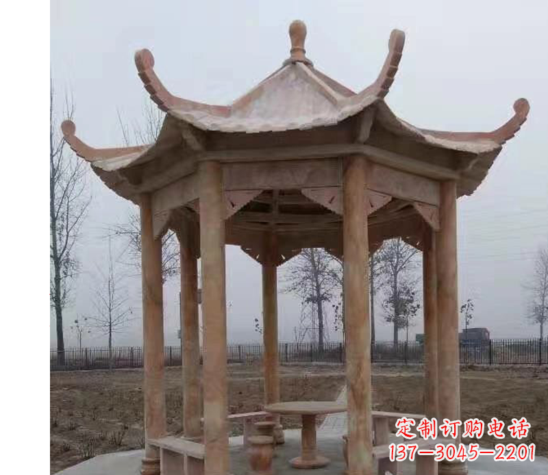 江西公园晚霞红八角石雕凉亭